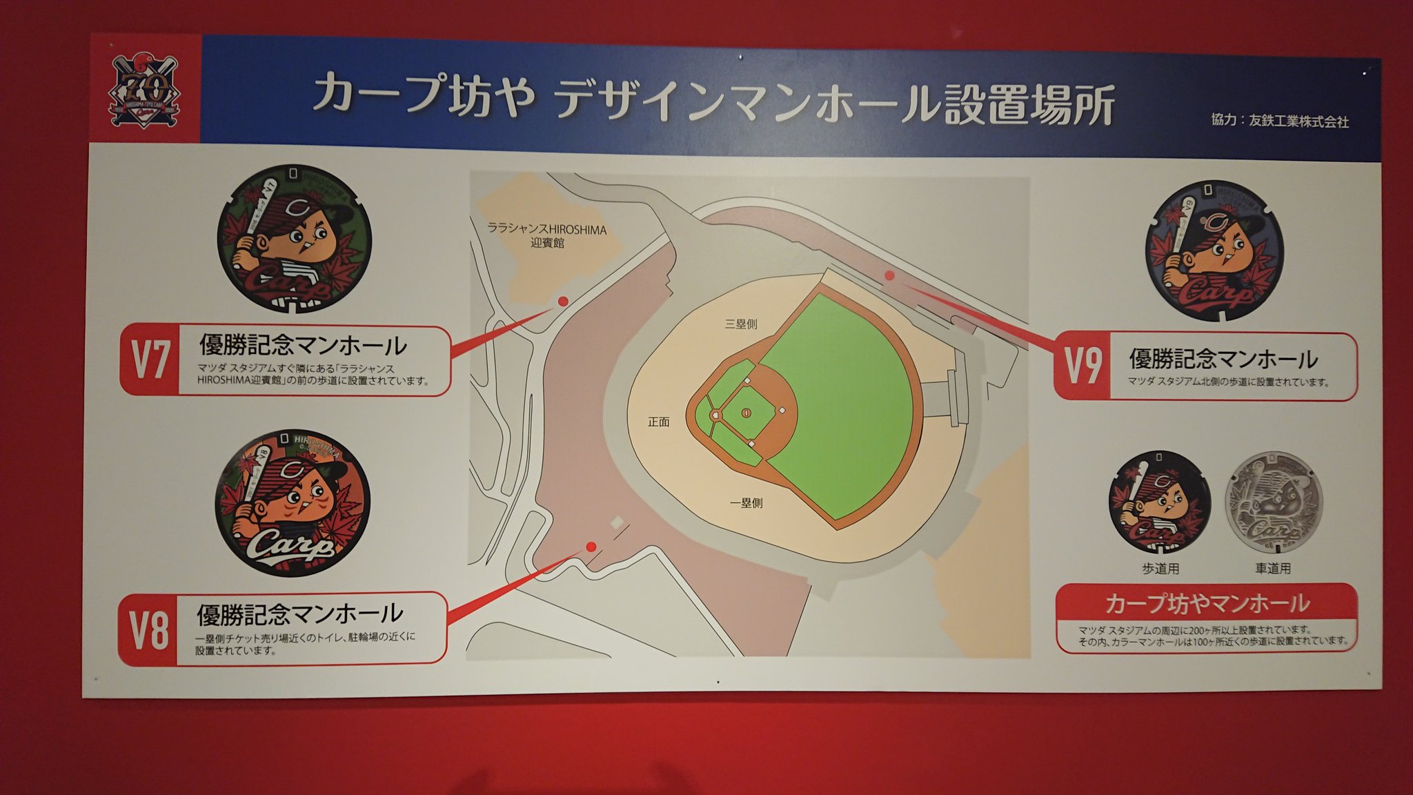 Hit 広島県観光連盟 公式 カープロードのマンホールふた 広島駅からマツダスタジアムに向かって歩いていると 目にするのが カープ坊やが描かれた カープ坊やデザインマンホールふた V７ V８ V９の記念のものに加え 18年5月に1０周年イベント 傘