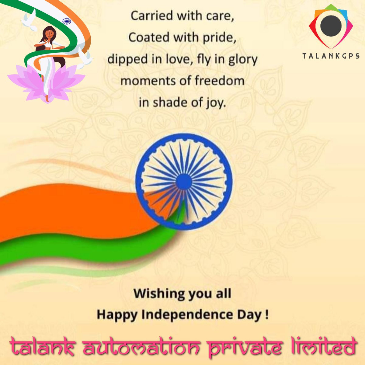 Talankpvtltd's tweet photo. Let's pledge to work for the growth of a Nation. Bring out a step towards "#आत्मनिर्भर_भारत". Celebrate the idea of free speech, Democracy, and cultural symphony.

#TalankAutomation wishes you all Happy Independence Day.
#स्वतंत्रतादिवस #independenceday https://t.co/cZIqqbalXc
