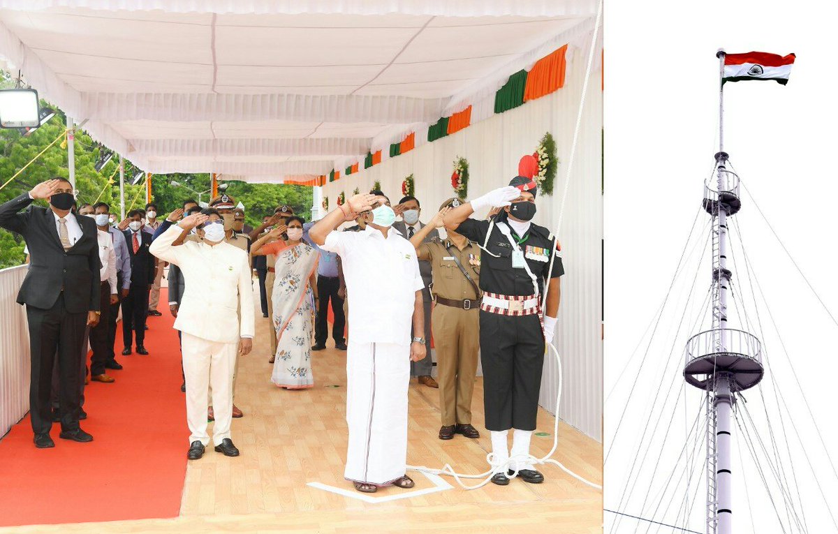 CMOTamilnadu's tweet photo. இந்தியத் திருநாட்டின் 74-வது சுதந்திர தினமான இன்று (15.8.2020) சென்னை தலைமைச் செயலகக் கோட்டை கொத்தளத்தில், தேசியக் கொடியை ஏற்றி வைத்து மரியாதை செலுத்தினேன். #சுதந்திரதினம் #IndependenceDayIndia2020 https://t.co/kktDjeiK0K