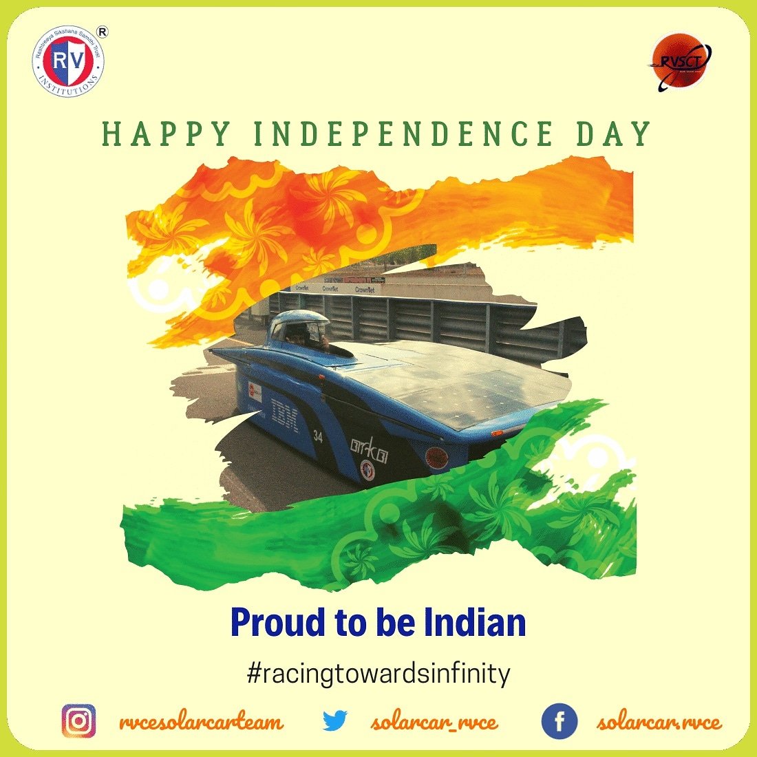 solarcar_rvce's tweet photo. This Independence Day, let us pledge to reduce pollution and harm we cause to mother earth, stop unnecessary fuel usage and move towards adopting green energy.
May the sun bestow brightest light upon our motherland.

#स्वतंत्रतादिवस #IndependenceDay
#JaiHind #JaiBharat #15August https://t.co/EnSLZZpkQ1