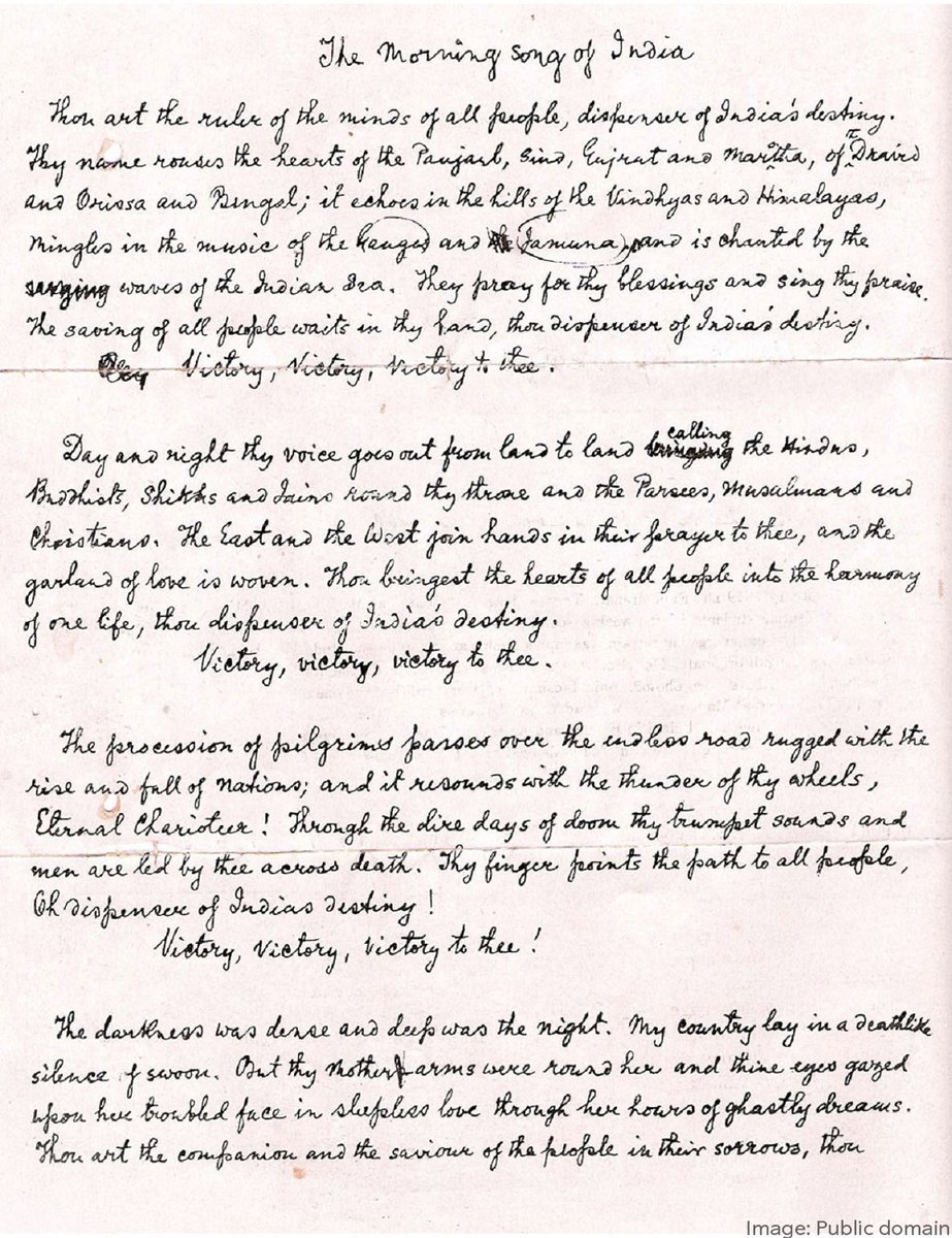"Jana Gana Mana" (Bengali: [ɟənə gəɳə mənə]) is the national anthem of India, originally composed in Bengali by poet Rabindranath Tagore, who was awarded the Nobel Prize in Literature in 1913.

Pictured: An English translation of Jana Gana Mana by Tagore