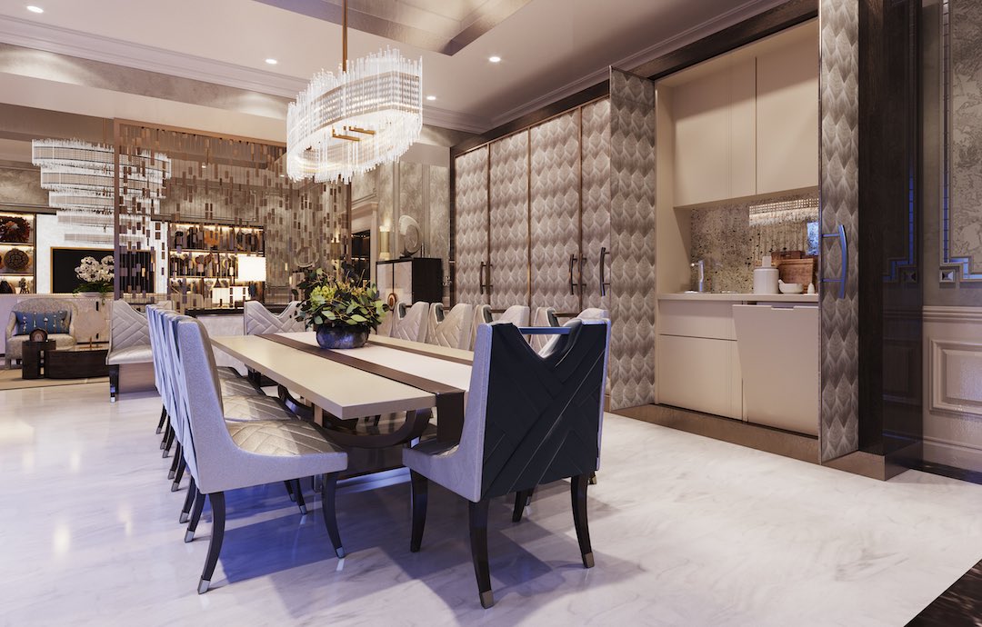 HillHouseLondon's tweet photo. The second big reveal of the grand formal #DrawingRoom we were commissioned to create in #Karachi. Note the sleek transition from an #entertainmentarea to a #diningarea in this #openplandesign & the variation on the crystal linear #chandelier enhancing symmetry. #luxurydesign https://t.co/Ww7njCmEzN