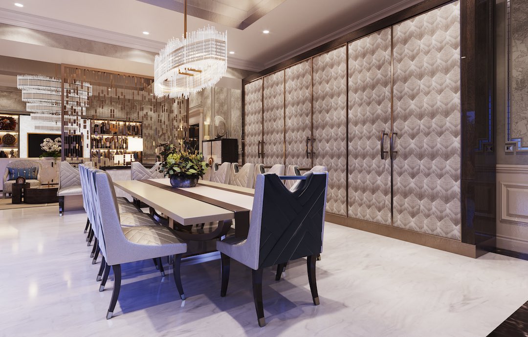 HillHouseLondon's tweet photo. The second big reveal of the grand formal #DrawingRoom we were commissioned to create in #Karachi. Note the sleek transition from an #entertainmentarea to a #diningarea in this #openplandesign & the variation on the crystal linear #chandelier enhancing symmetry. #luxurydesign https://t.co/Ww7njCmEzN