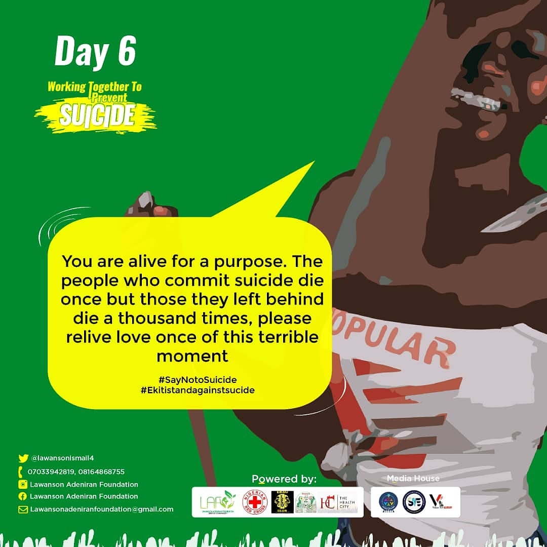 NYCSRFEKITI's tweet photo. Day 6

#NYCSRFSTANDAGAINSTSUICIDE
@bisiafayemi 
@Lawansonismail4 
@lawanson_ismail 
@ekitistategov https://t.co/HdtXDLSL7F