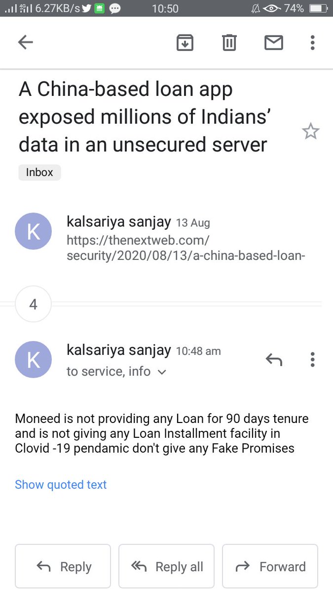KalsariyaSanja9's tweet photo. #moneed Company ko Chinese loan Expose ka Article mail kiya tha to reply aya ki hum 90days ka tenure and lockdown me installment system provide karte he in reality it's just fake commitment they provide only 7-15 days loan and Agents koi @RBI rules follow ni karte @SaveThemIndia https://t.co/uTrDtXzeRy