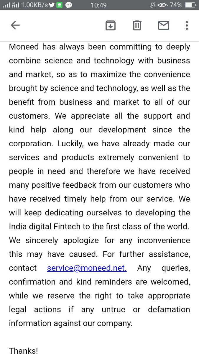 KalsariyaSanja9's tweet photo. #moneed Company ko Chinese loan Expose ka Article mail kiya tha to reply aya ki hum 90days ka tenure and lockdown me installment system provide karte he in reality it's just fake commitment they provide only 7-15 days loan and Agents koi @RBI rules follow ni karte @SaveThemIndia https://t.co/uTrDtXzeRy