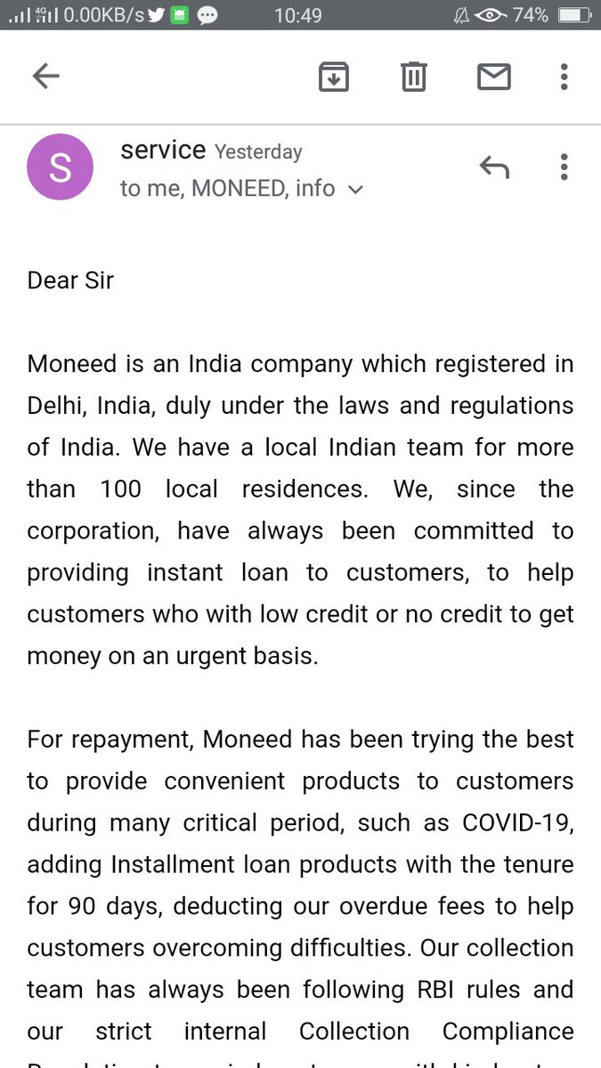 KalsariyaSanja9's tweet photo. #moneed Company ko Chinese loan Expose ka Article mail kiya tha to reply aya ki hum 90days ka tenure and lockdown me installment system provide karte he in reality it's just fake commitment they provide only 7-15 days loan and Agents koi @RBI rules follow ni karte @SaveThemIndia https://t.co/uTrDtXzeRy