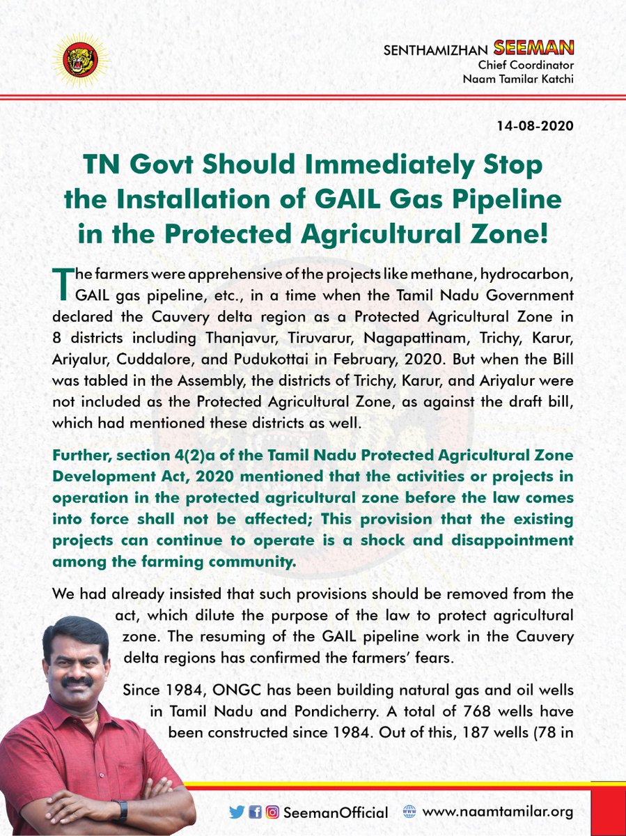 NaamTamilarOrg's tweet photo. TN Govt. Should Immediately Stop the Installation of GAIL Gas Pipeline in the Protected Agricultural Zone!

TN Govt should come forward to implement the declaration of a Protected Agricultural Zone not just for namesake but for real.

- Seeman https://t.co/rUvu7IfUdP https://t.co/ey4YyenUZS