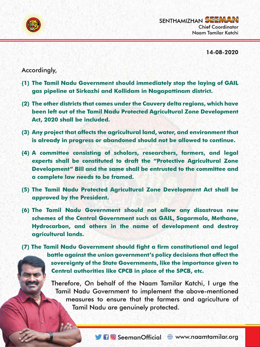 NaamTamilarOrg's tweet photo. TN Govt. Should Immediately Stop the Installation of GAIL Gas Pipeline in the Protected Agricultural Zone!

TN Govt should come forward to implement the declaration of a Protected Agricultural Zone not just for namesake but for real.

- Seeman https://t.co/rUvu7IfUdP https://t.co/ey4YyenUZS