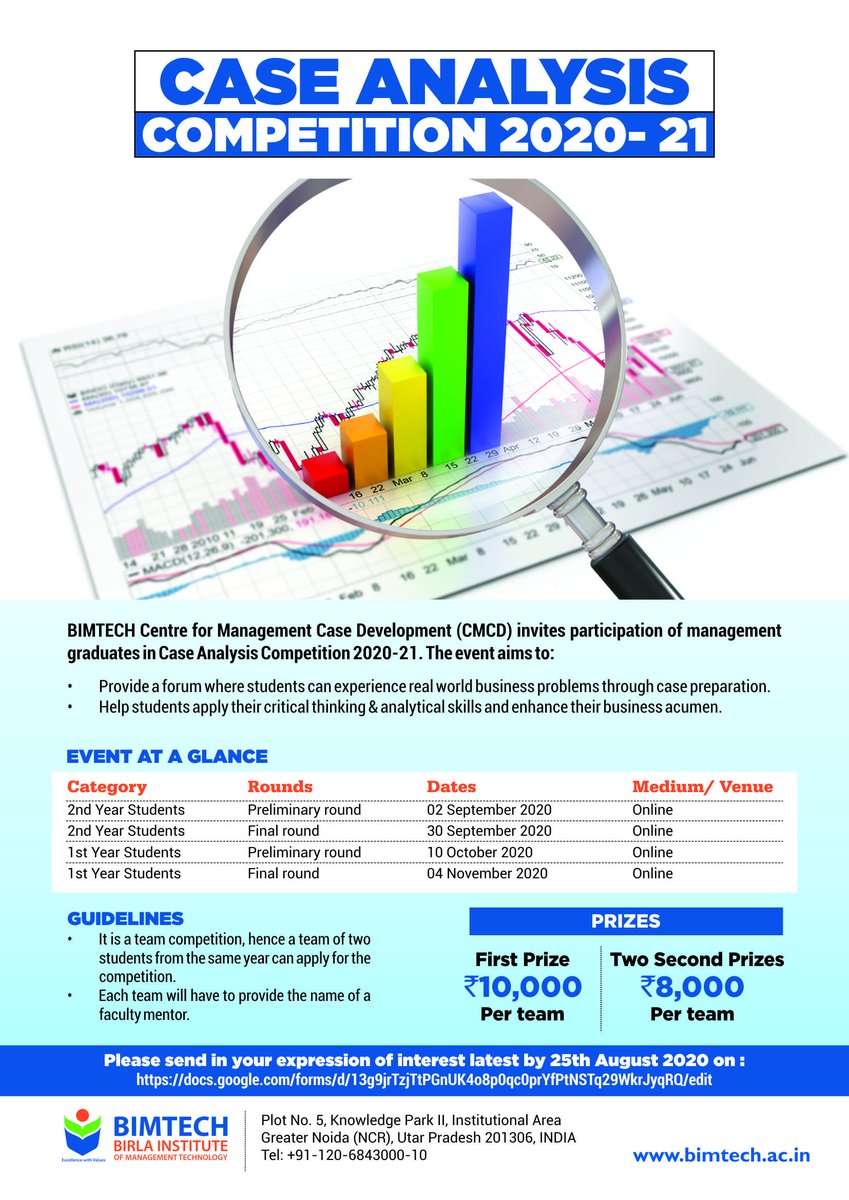 AjoyKumarDey's tweet photo. Golden opportunity for management students and Faculty Members
BIMTECH Centre for Management Case Development is inviting participation of 1st &amp; 2nd year management students to Case Analysis Competition 2020-21, in teams of two 
Competition will be conducted in Virtual mode https://t.co/aHipusfN9q