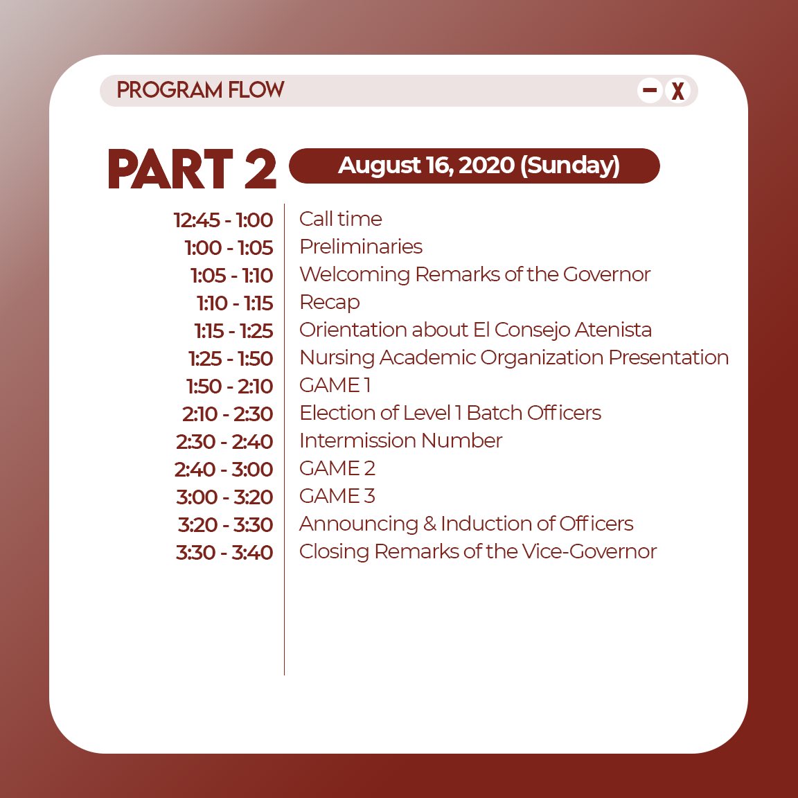 ADZUNAO's tweet photo. Are you excited, Angels?✨
 
LOOK | The program flow for the LEVEL I GENERAL ASSEMBLY of the Nursing Academic Organization.
 
This will be a whole day event. Please be guided accordingly. 
 
See you there, Angels!👼

#GeneralAssembly2020
#BreakingThroughNAO
#NAO2020 https://t.co/vEImBP0aLL