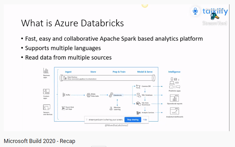talklify's tweet image. The next session in @Microsoft Build 2020 - Recap was started by @NivedhaLakshma2 sharing some interesting updates about @AzureDatabricks.
Youtube Link =&amp;gt; youtube.com/watch?v=jvfcp9…
#Microsoft #MSBuild #MSBuild2020 #Talklify
