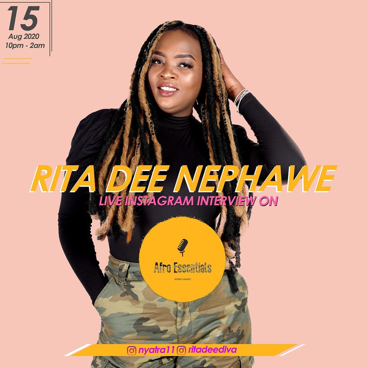 AfroEssentialZA's tweet photo. Tonight on #AfroEssentialsRadio🎙🎙we have the queen and founder of #RDEntertainment in the house🏚🏚 @RitaDeeDiva1, we will discussing her journey in the music industry, please make sure you dont miss this exclusive interview on @afroessentialsent 22:00 - 2AM CAT https://t.co/ppwhAGtAbN