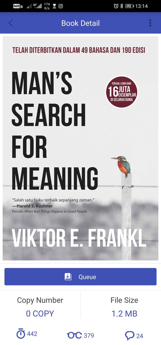 8. Man`s Search for Meaning - Viktor E. FranklSalah satu buku 'wajib' untuk dibaca. Tahu buku ini sejak beberapa tahun lalu juga. Masih belum sempat baca. Ada di  @ipusnas_id tapi ngatrinya harus sabar. http://webadmin.ipusnas.id/ipusnas/publications/books/156060