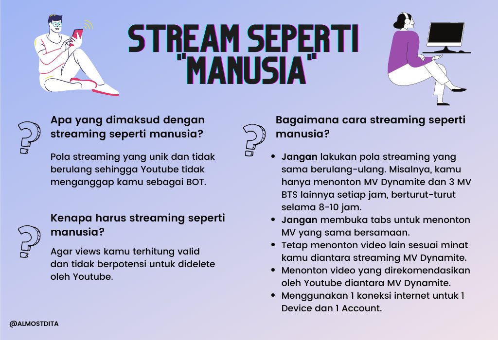 Bagaimana streaming seperti manusia?Tidak menonton MV secara berlebihan. Tidak streaming dengan pola yang sama dan berulang. "Berinteraksi" dengan You/tube dengan menggunakan fitur search, memberikan comment, like, dan juga menonton video yang direkomendasikan.