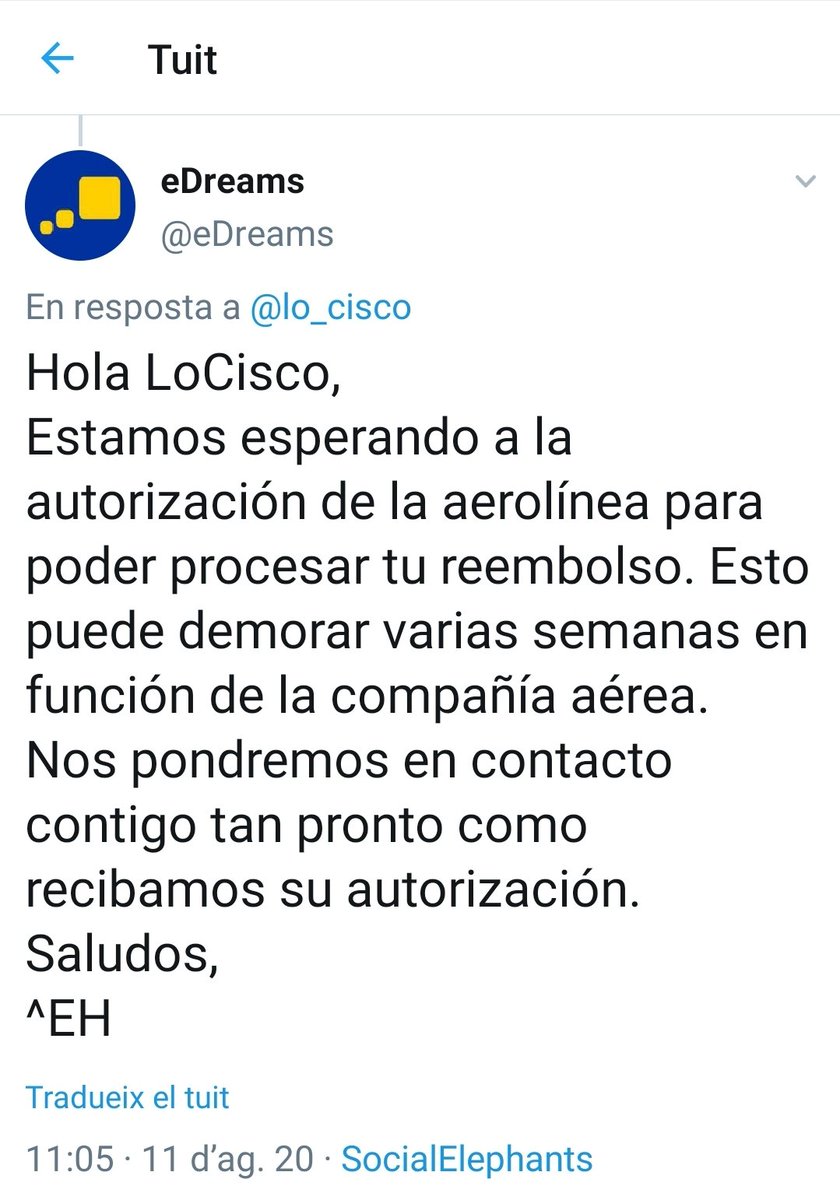 lo_cisco's tweet photo. @eDreams_ODIGEO @eDreams me lo pueden explicar? 6 agosto en breve se ara el reembolso y 11 agosto a la espera de aprobación por la compañia, 5 meses ya esperando! @govern @sanchezcastejon @consumogob @consumcat @agarzon @DebatAlRojoVivo @_anapastor_ @324cat @sextaNoticias https://t.co/2FMo5cOrVw
