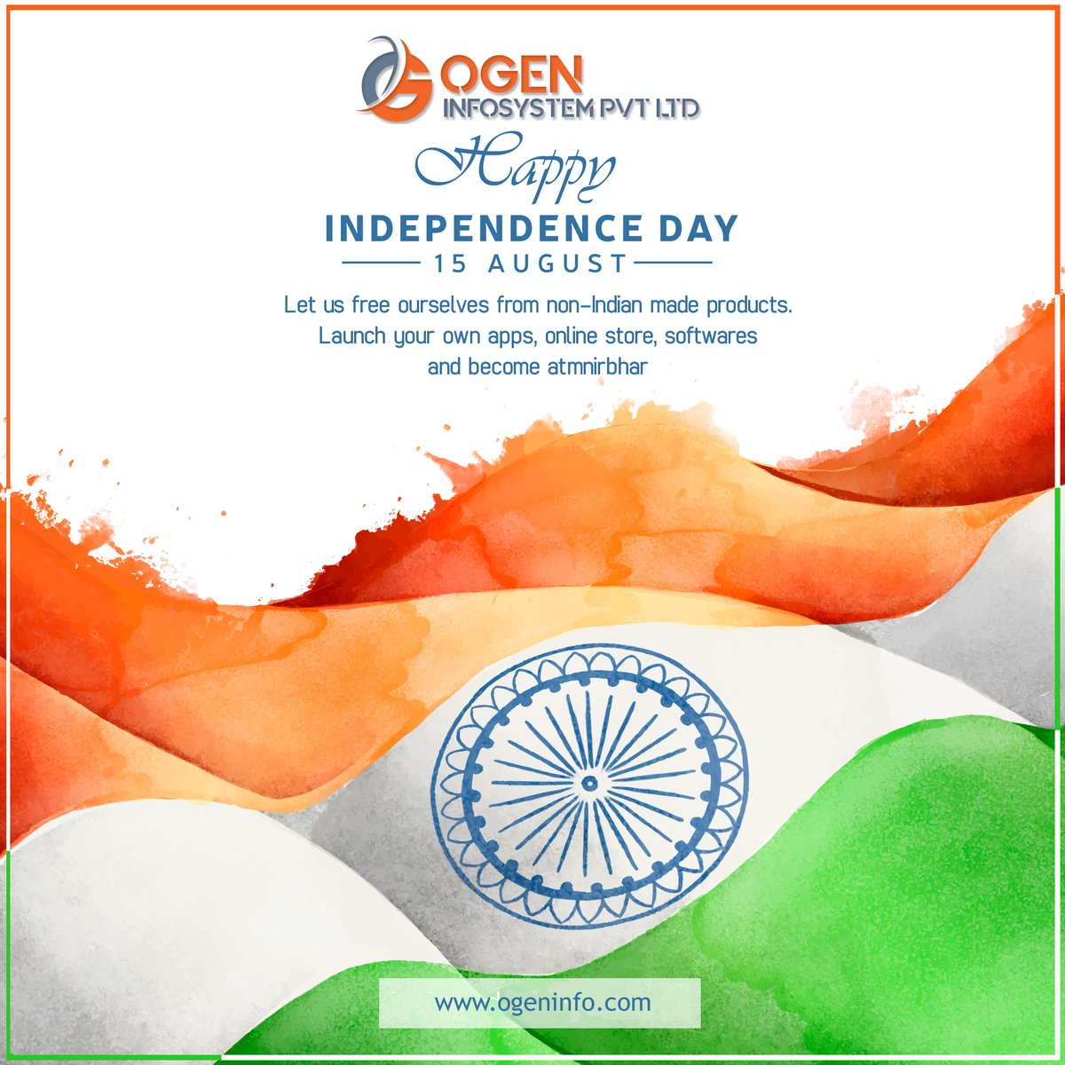 ogeninfosystem's tweet photo. This Independence, Let us free ourselves from non-Indian made products. Launch your own apps, online store, softwares and become atmnirbhar.
HAPPY INDEPENDENCE DAY
#IndianIndependenceDay #HappyIndependenceDay #IndependenceDayCeleration #IndependenceDay2020 #AtmNirbhar #AzadBharat https://t.co/EAgesqguP6