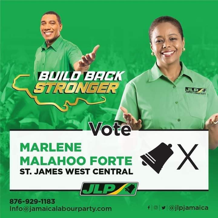 JAProsperity's tweet photo. St James West  Central will not be dragged back into our horrifying past of #Crime, #TurfWars #Joblessness, #Deplorable road surfaces,  #ExtremePoverty and #Depletion of our community pride. We have gone #Green with @MalahooForteQC for #ContinuedProsperity.
#OneMP🔔❎ https://t.co/cujPempUBb