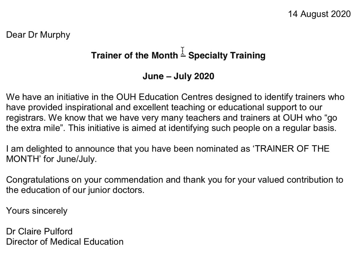 MurphyProf's tweet photo. I have had the unexpected but very welcome honour of being nominated Trainer of the Month at the OUH. Thank you for the nomination! https://t.co/urQYiYqMfq