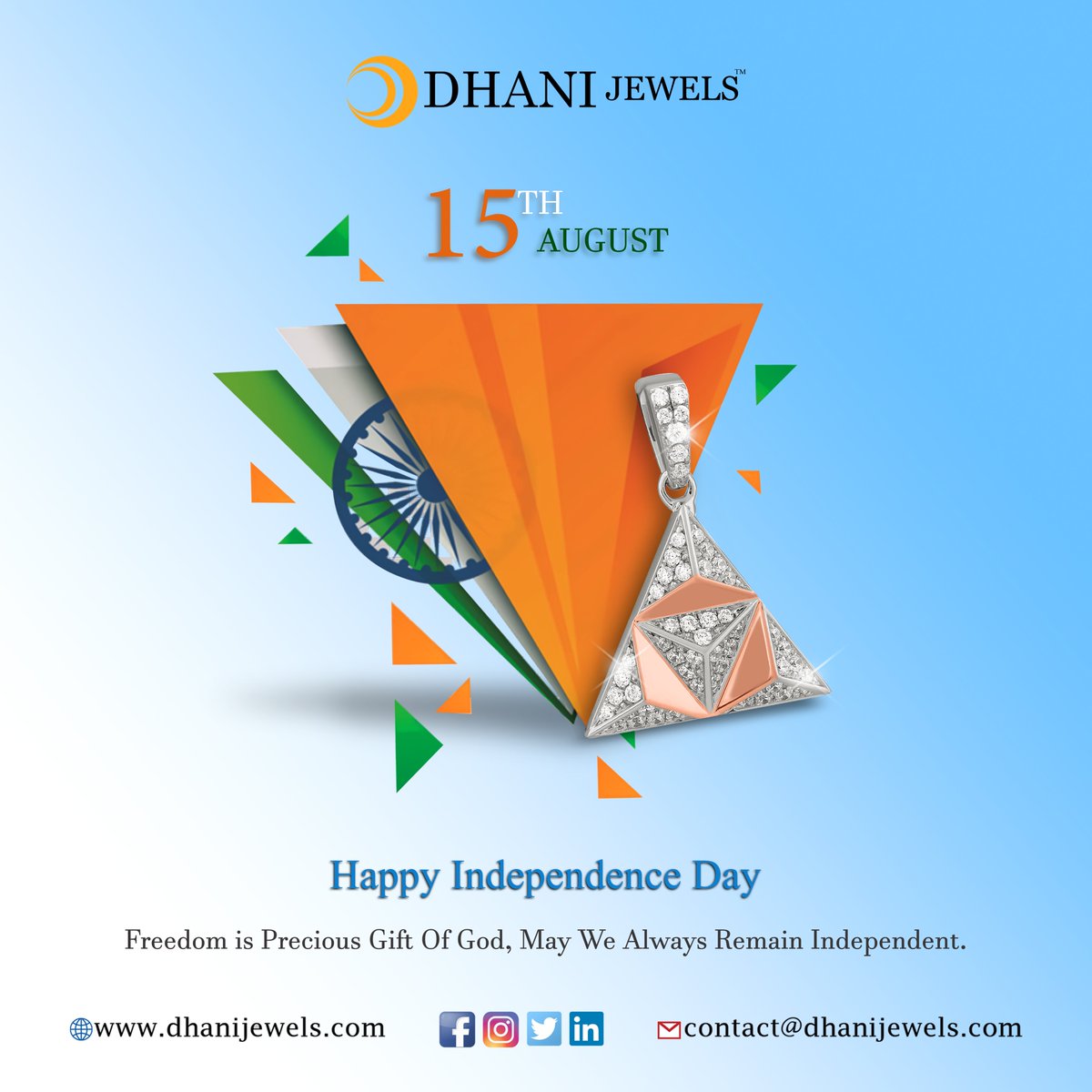 DhaniJewels's tweet photo. Let us take the glory of our nation to the greatest heights.
Dhani Jewels and family wish you a Very Happy Independence Day.
.
#dhanijewels #independencedayindia #independenceday #india #happyindependenceday #indian #tricolor #free #proudindian #स्वतंत्रत #independenceday2020 https://t.co/VDnXU2PiGw