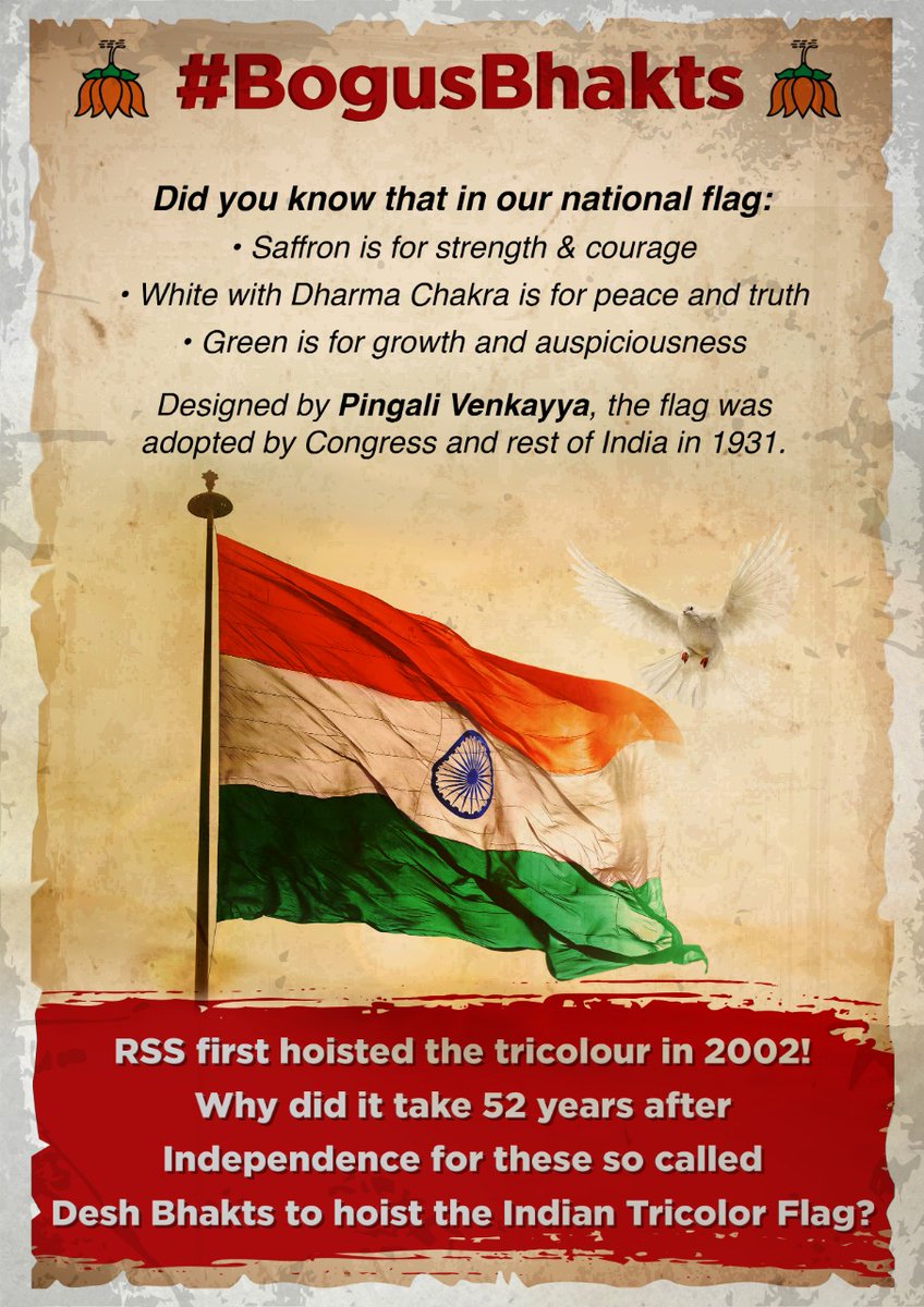 I challenge any RSS Sanghi to answer these questions

- Why didn't the RSS hoist the Indian Flag till 2002?

- Why didn't the RSS support the Quit India and Non-cooperation Movements?

- Why was RSS banned by Sardar Patel?

On Independence Day, expose these cowardly #BogusBhakts