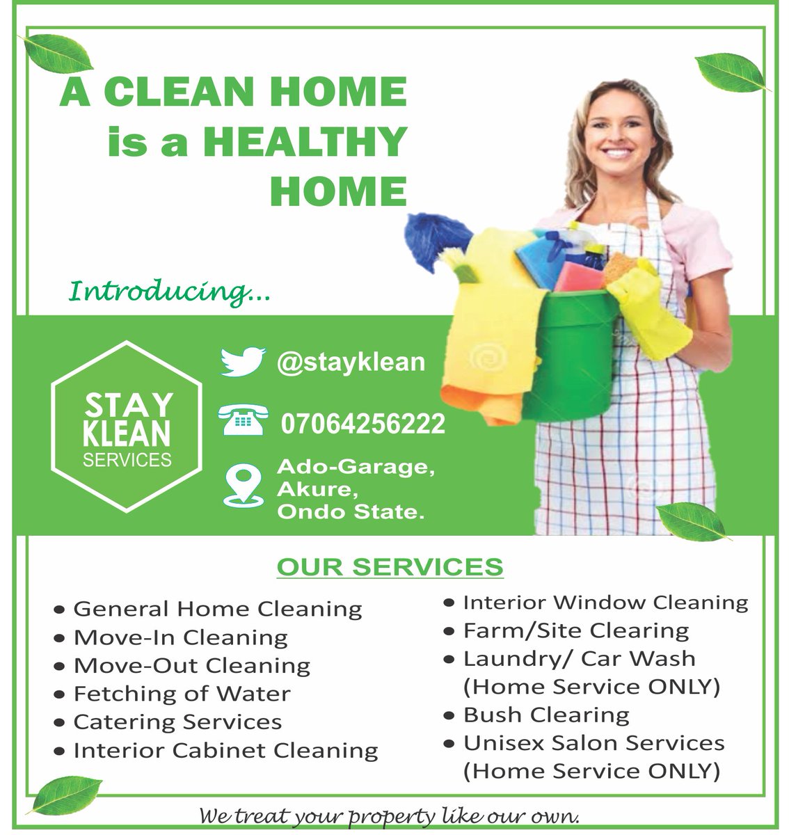 IamTemitopeFemi's tweet photo. Are you planning to move-in your new apartment?
Let's help you do the cleaning!
We are a call away!
*07064256222*
#StayKlean
#TheAkurePlug
#AkureHowFar
#AkureTwitterCommunity https://t.co/5IeMEGOf9p