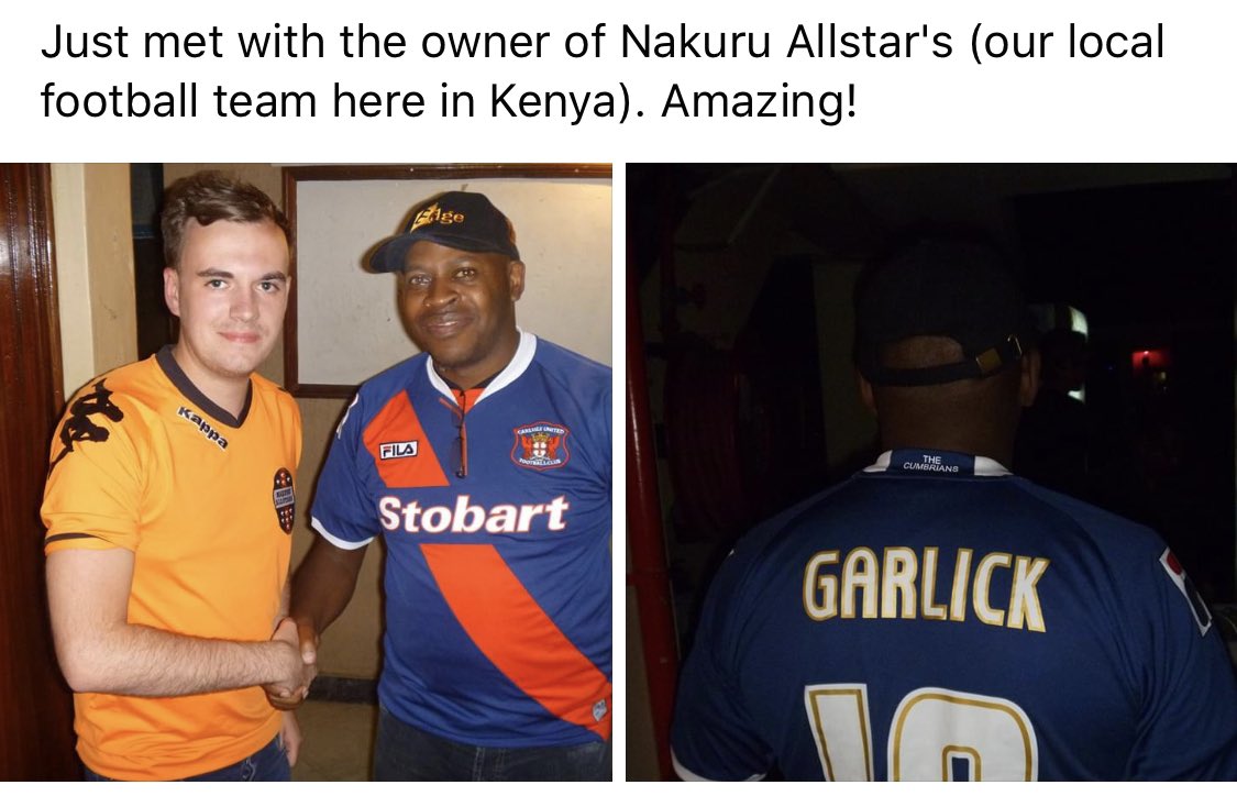 Time flies 🇰🇪 

7 years ago today I swapped an <a href="/officialcufc/">Carlisle United</a> shirt for a <a href="/NakuruAllStars/">NakuruAllStars</a> with <a href="/robert_muthomi/">Robert Muthomi</a> in Kenya ⚽️ 

Still love the colour! 🍊 

A few weeks later I travelled on the team bus to an away game in Kericho.

It all started with a tweet.

@TheCumbriansNet #cufc