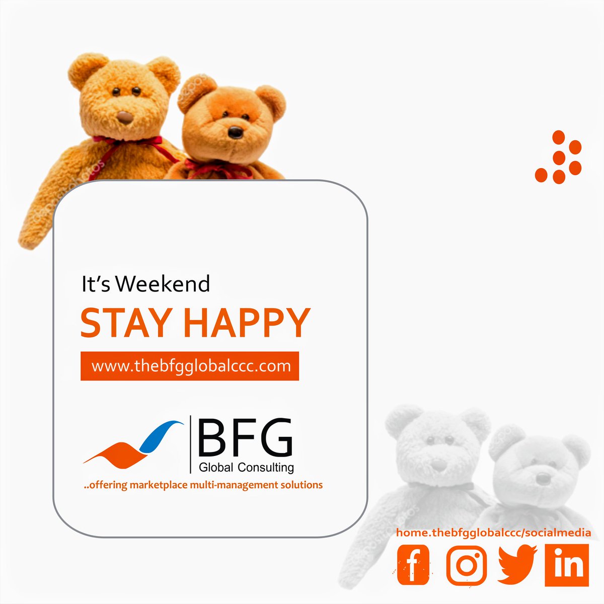 BFGConsults's tweet photo. Its #weekend. Get yourself the best treats you can afford for yourself and your loved ones. Think #BFGSolutions and tell a friend about https://t.co/GnNW6D7wpD

#BFGConsults #Solutions #HumanDevelopment #Management #Research #Analytics #Growth #Strategy #businessintelligence https://t.co/ehM6fOEUiD