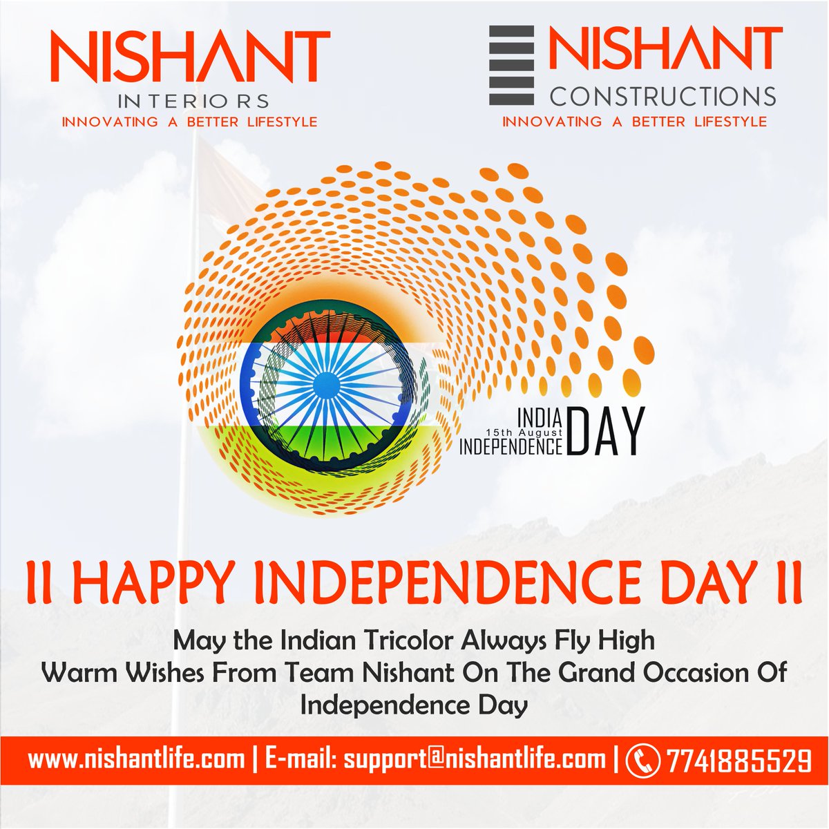 nishantnasik's tweet photo. May the Indian Tricolor Always Fly High
Warm Wishes From Team Nishant On The Grand Occasion Of Independence Day https://t.co/KmePmF0sj9