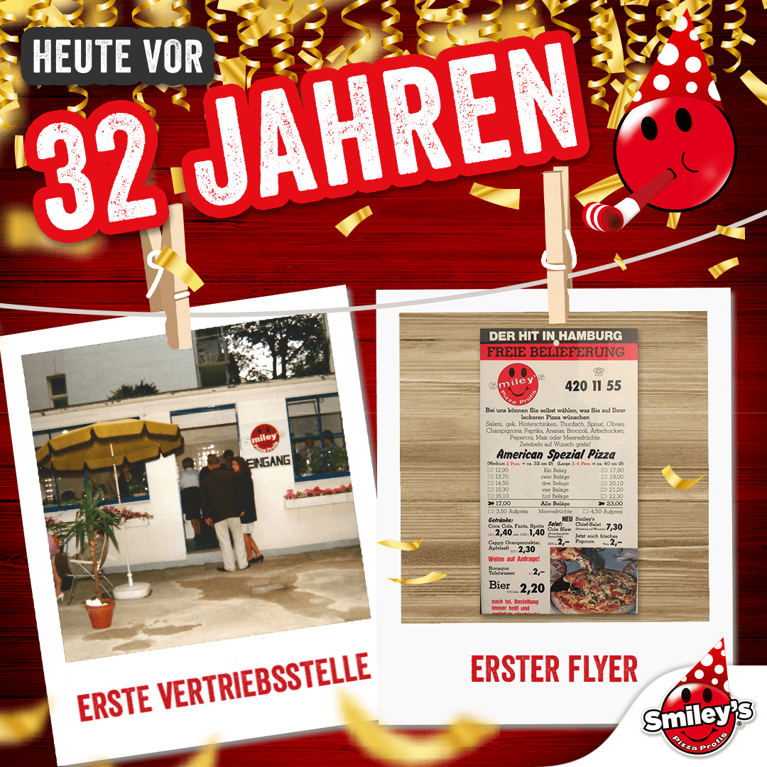 Smileys_Pizza's tweet photo. Wir haben Geburtstag! Heute vor 32 Jahren hat der erste Smiley's Store in Hamburg eröffnet. Oh man, wie die Zeit rast! Schön, dass du heute mit uns feierst.

#party #birthday #geburtstag #feiern #cheers #1988 #letsparty #ü30 #pizza #smileyspizza #samtag #wochenende #august https://t.co/bbTFW9MVAA