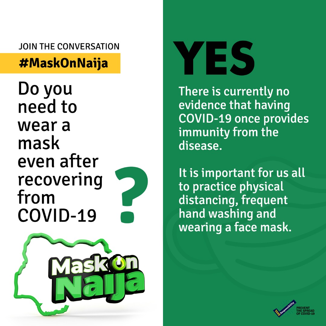 NCDCgov's tweet image. There is currently not enough evidence to suggest #COVID19 survivors become immune after recovery.  

#TakeResponsibility: 
✅#WearAMask
✅Observe physical distancing
✅Wash your hands frequently with soap &amp;amp; water

#MaskOnNaija to protect yourself and others.