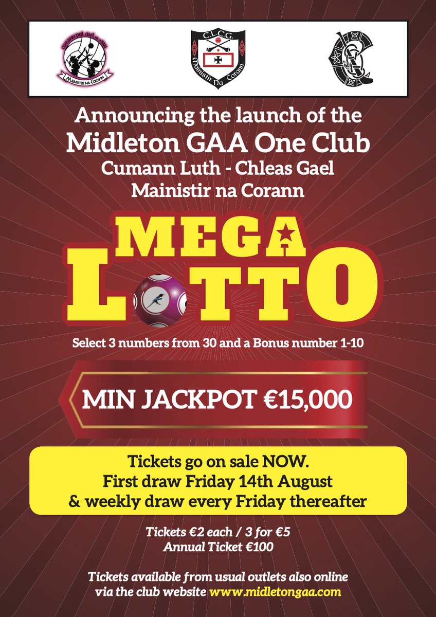 MidletonGaa's tweet photo. Results from last nights re-launched MegaLotto. No Jackpot winner (€15,200 next week) but cash/local business voucher prizes. 
FYI €3,800 worth of local business vouchers will be given out each year. See details on how to buy your annual ticket.
@midleton_LGFA @MidletonCamogie https://t.co/6j1L5VLp3v