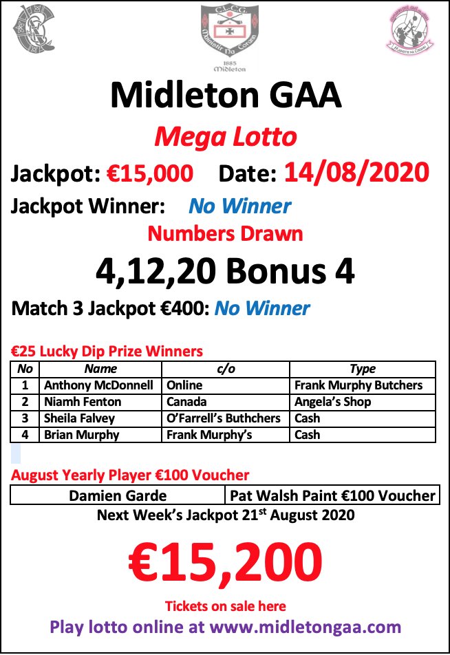 MidletonGaa's tweet photo. Results from last nights re-launched MegaLotto. No Jackpot winner (€15,200 next week) but cash/local business voucher prizes. 
FYI €3,800 worth of local business vouchers will be given out each year. See details on how to buy your annual ticket.
@midleton_LGFA @MidletonCamogie https://t.co/6j1L5VLp3v