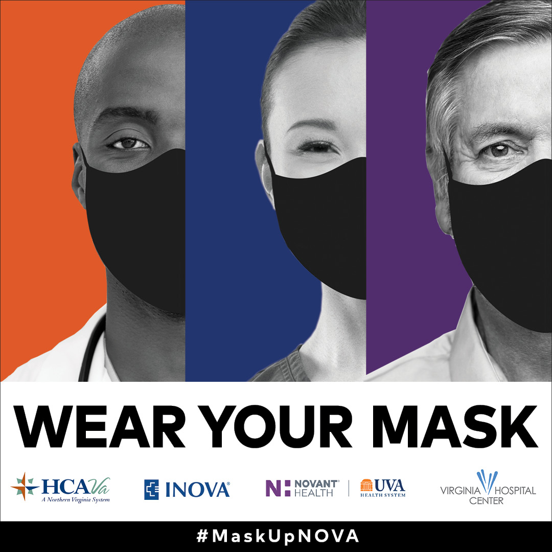 WalterAlcornFFX's tweet photo. Chief medical officers for the region’s leading healthcare organizations are joining in the fight against COVID-19 to support an important message for our region: Wear Your Mask! #RestonHospital #InovaHealth #UVAHealthSystem #VirginiaHospitalCenter #MaskUpNOVA #HunterMill https://t.co/TLYSetI7DE