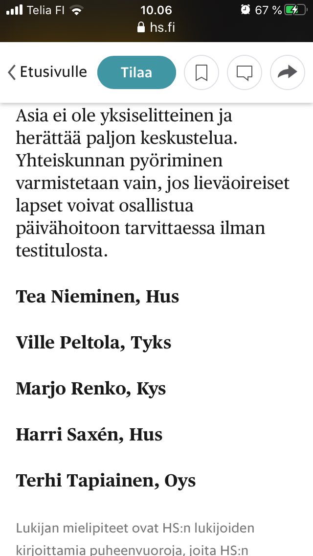 Kuvakaappaus lastenlääkärien mielipidekirjoituksesta tänään @hsfi. Päinvastoin kuin mitä alla lukee, lie yhteiskunnan suurin ja tärkein hyvä se, että #SARSCoV2-virus ei leviä? Virus katoaa 2-4vk kuluessa, jos päiväkoti on kiinni ja kaikki lapset kotona. #LastenSylkiTestaus?