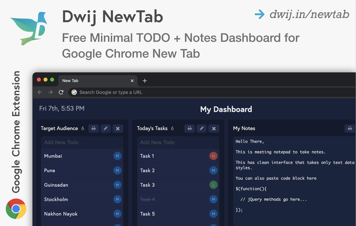DwijITSolutions's tweet photo. Minimal ToDo Lists + Notes Dashboard in Chrome's New Tab -- https://t.co/F1CTZGMzqA

#Chrome #workfromhome #Productivity #ProductivityTools #ToDoLists #Dashboard #Widgets #TaskManagement #WorkReports https://t.co/C32ZIXpj0M