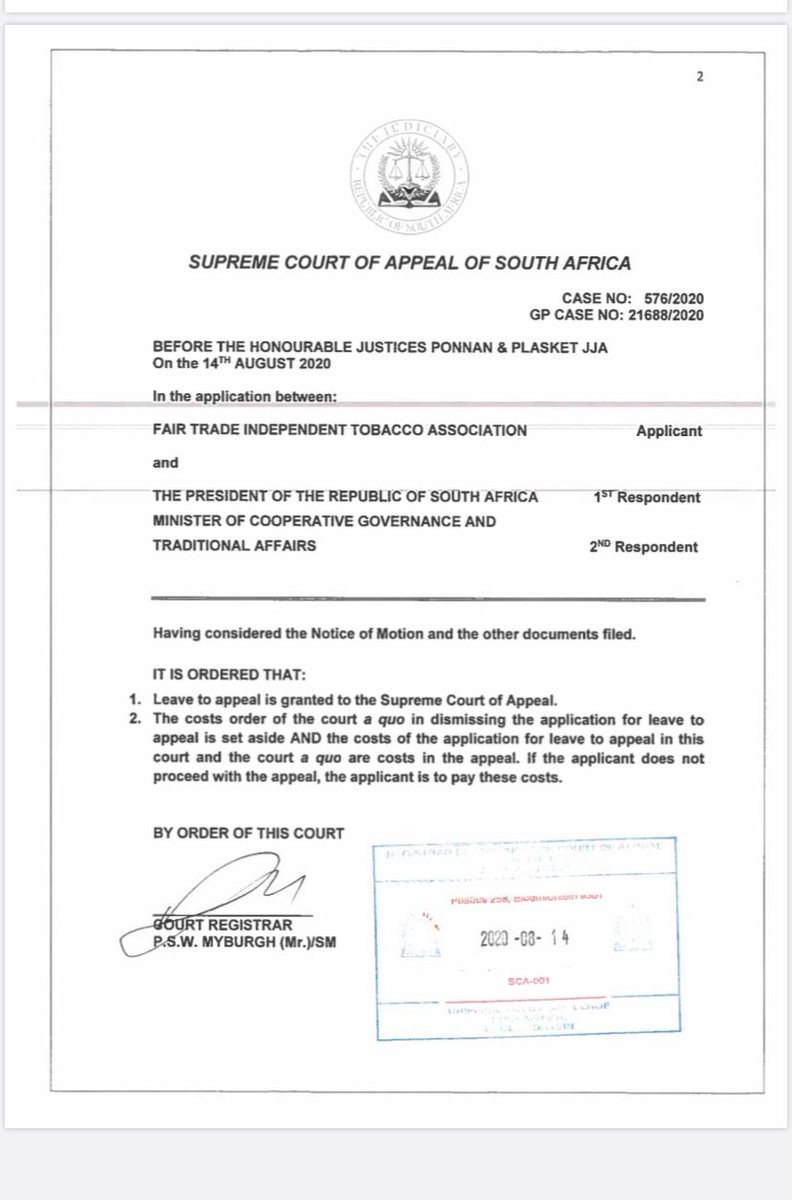 BREAKING: Supreme Court of Appeal has GRANTED <a href="/fita_sa/">FITA</a> leave to appeal the dismissal of its challenge to the cigarette sales ban. 
This after the Pretoria High Court refused leave, on basis the case did not have reasonable prospects of success. 
This is big.