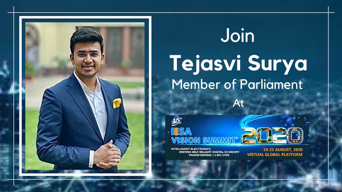 iesaonline's tweet photo. We are delighted to announce @Tejasvi_Surya, the youngest MP, a lawyer, and an orator par excellence at the 15th edition of the IESA #VisionSummit2020. 

Register here: https://t.co/YRcwv1Ql7f for more information #MakeInIndia #StartUpIndia #IntelligentElectronics #MakeInIndia https://t.co/gZ2hCRyusU