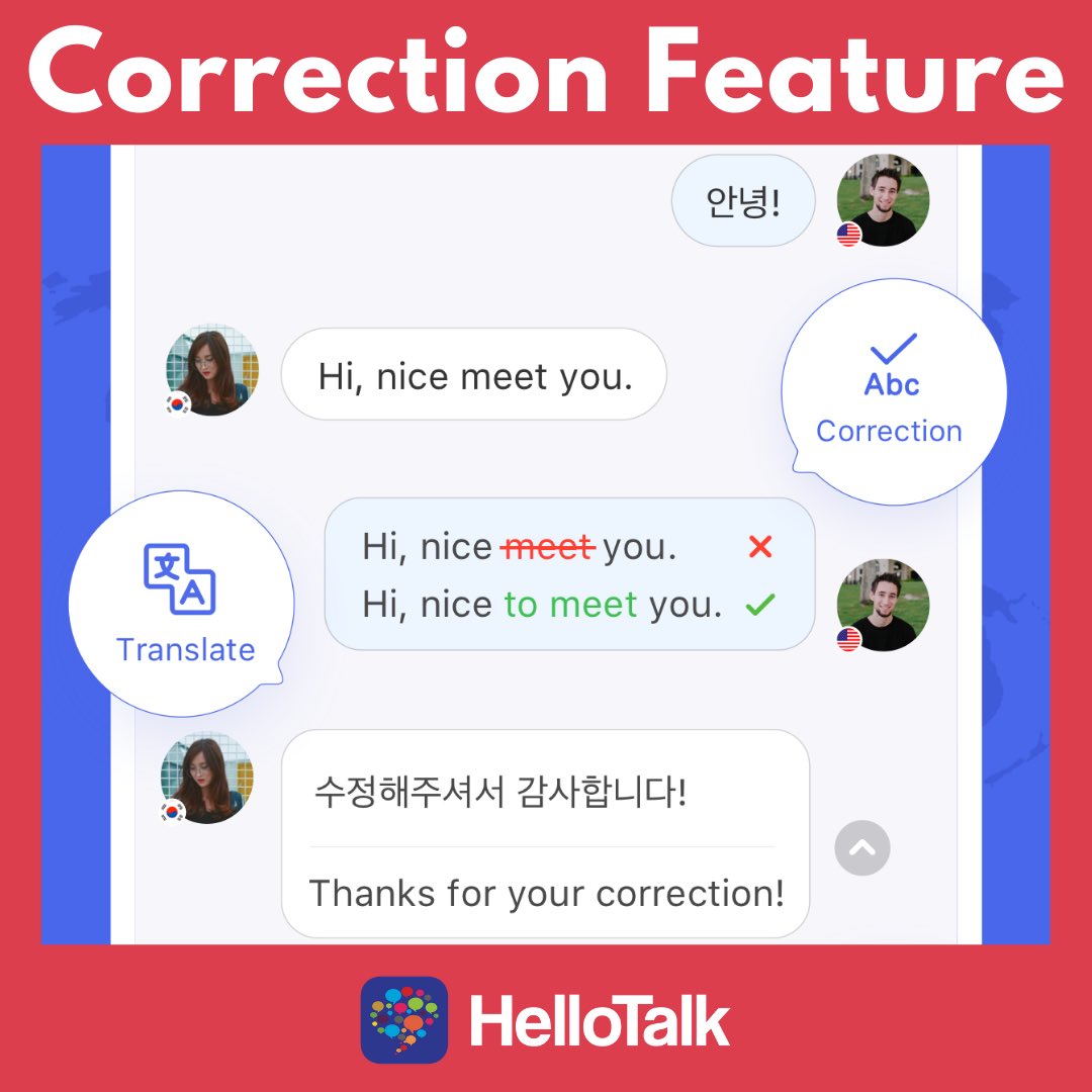 HelloTalkApp's tweet photo. 📍On #HelloTalk, all the users want to practice languages so they will help you. The Correction feature is the second most popular feature on HelloTalk, only after the Translation feature. It’s the best way to improve your language skills. #hellotalkapp https://t.co/rZdfnKCxPs