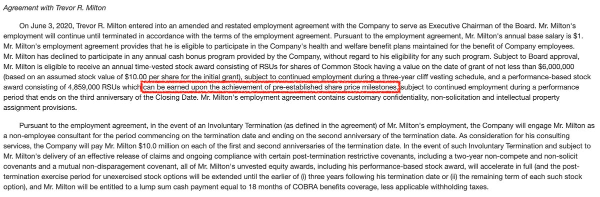 A thread about  $nkla Trevor's compensation package:While only taking a $1 per year salary, he is awarded $6M/yr in stock plus 4.8 million shares (currently worth about $222M) if a pre-established SHARE PRICE is achieved.No business milestones are relevant, only share price!