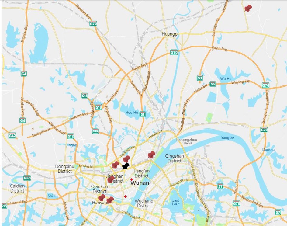 8. The map shows the locations of two sentinel hospitals (red cross), Huanan Seafood Wholesale Market (black push pin), and registered address for 7 patients(dull red push pin). Two patients registered out of Wuhan city were not shown (why not?)