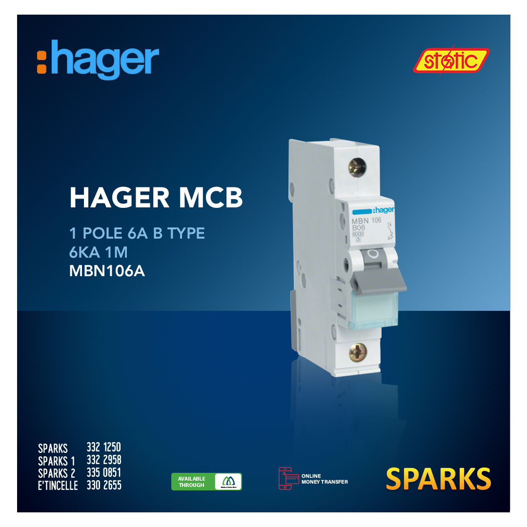 Hager MCB 1 Pole 6A B Type 6kA 1M MBN106A

Number of poles: 1 P
Rated current: 6 A
Curve: B
Rated short circuit breaking capacity: 6 kA

Original #Hager products available at all #SPARKS Outlets.

#StaticCompany #Static #ElectricProducts