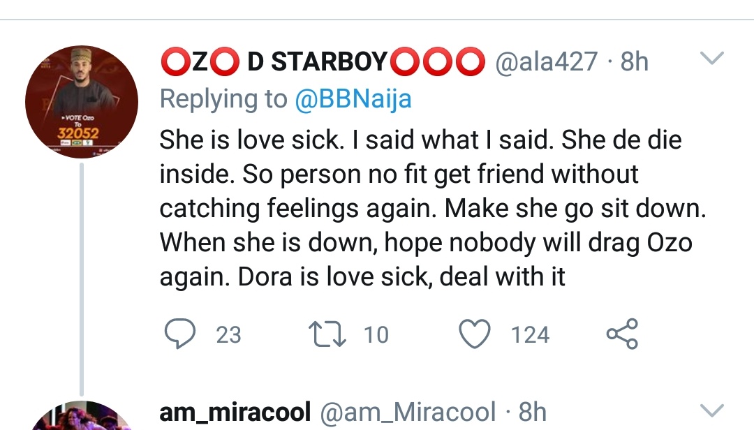 Dear Ozo stans and Nengi fans .please we accept Dorathy has feelings for Ozo and that is why she said she want space from Ozo so she can die what ever feelings be it brother feelings friends feeling or love feelings.She has taken a good step of moving away from what ever it is.