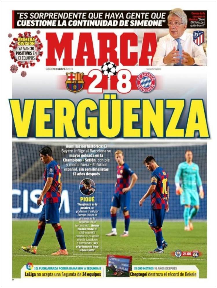 elchiringuitotv's tweet photo. 🗞 ¡BUENOS DÍAS! Estas son las PORTADAS de la PRENSA DEPORTIVA tras el Barça 2-8 Bayern.

#FelizSábado https://t.co/BtUTUgAghi