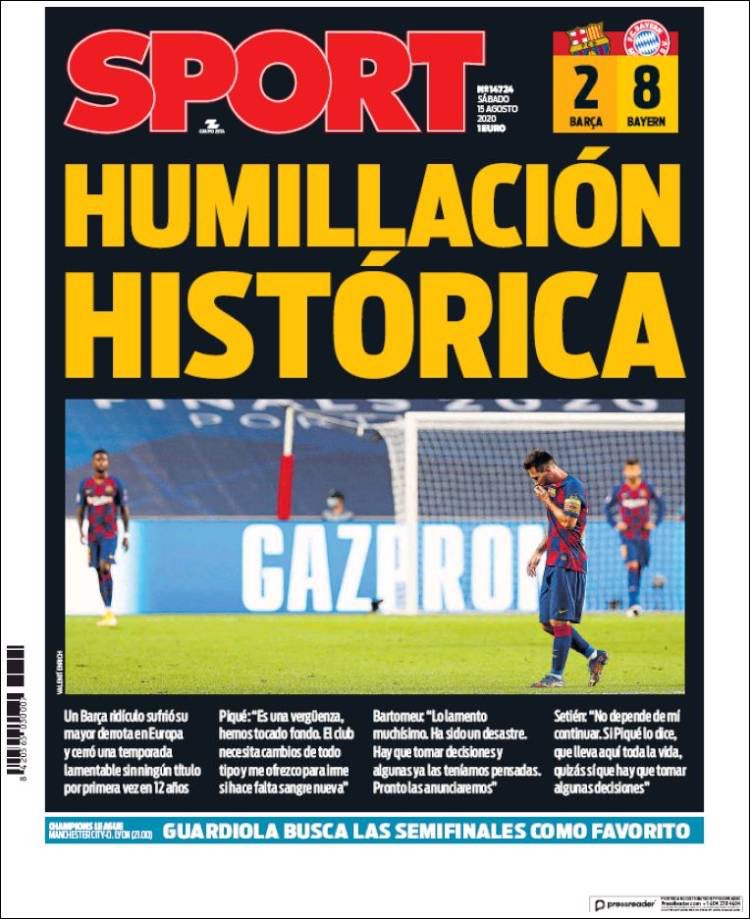 elchiringuitotv's tweet photo. 🗞 ¡BUENOS DÍAS! Estas son las PORTADAS de la PRENSA DEPORTIVA tras el Barça 2-8 Bayern.

#FelizSábado https://t.co/BtUTUgAghi