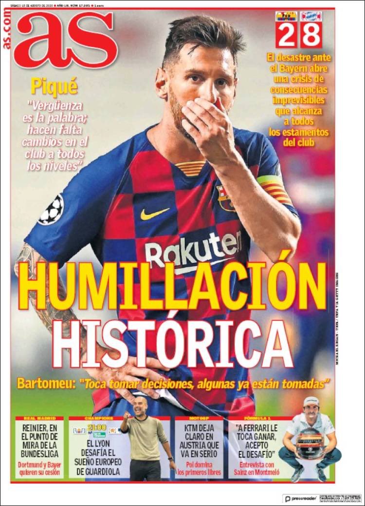 elchiringuitotv's tweet photo. 🗞 ¡BUENOS DÍAS! Estas son las PORTADAS de la PRENSA DEPORTIVA tras el Barça 2-8 Bayern.

#FelizSábado https://t.co/BtUTUgAghi