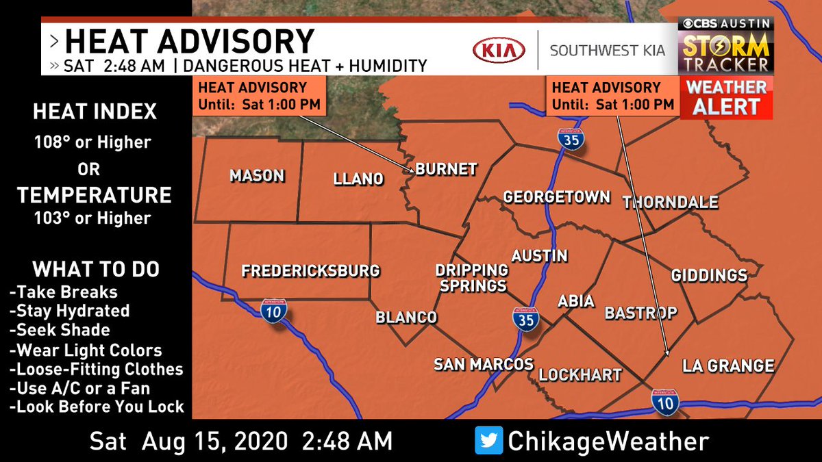 ChikageWeather's tweet photo. HEAT ADVISORY issued for parts of the @cbsaustin area. Dangerous heat + humidity may lead to heat-related illnesses. Stay cool &amp; be safe! Forecast: https://t.co/7Dainv4mOG Heat Safety Tips: https://t.co/SSufWbkPmg #attx #atxwx #cbsautinwx https://t.co/z6lBtf5VZR