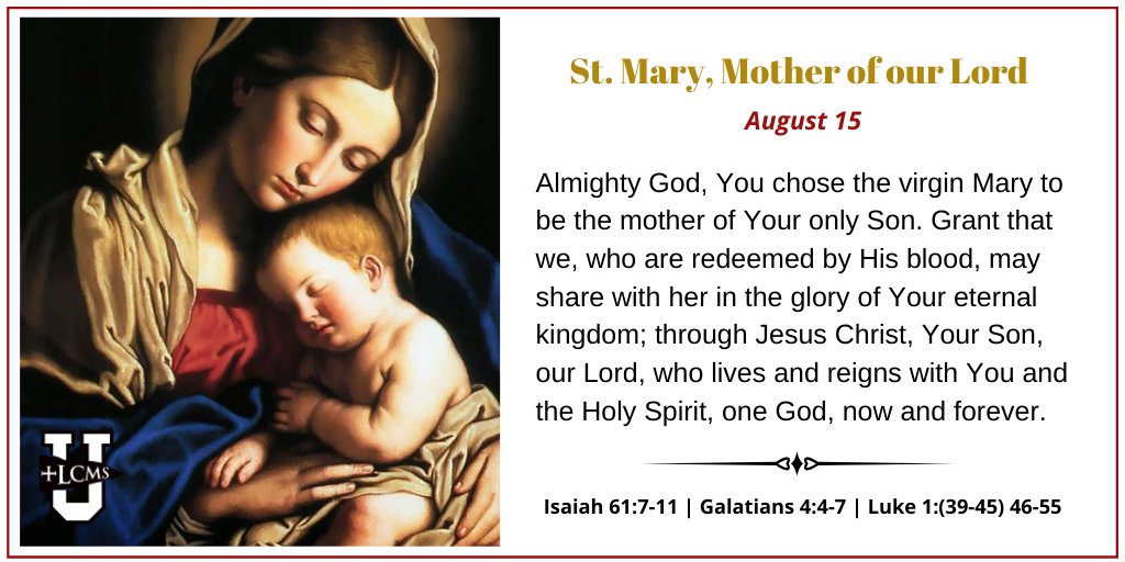 lcmsu's tweet photo. A blessed Festival of St. Mary, Mother of our Lord!

We sing with joy of Mary, 
Whose heart with awe was stirred
When, youthful and astonished,
She heard the angel's word.
Yet she her voice upraises
To magnify God's name,
As once for our salvation
Your mother she became. 
#518:22 https://t.co/PfDZt2kyHq