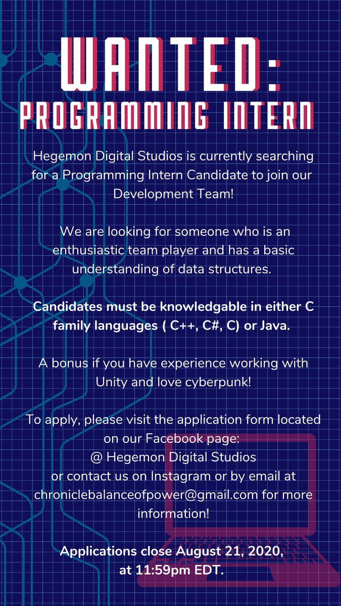 HegemonDigital's tweet photo. Have dreams of applying your programming skills to real-word experience? Apply to be a Programming Intern with Hegemon Digital Studios! Find the application on our Facebook page! : https://t.co/KWdUz3GmbQ  
Have questions? Drop them in the thread below or message us! https://t.co/kNJzdvpXi3