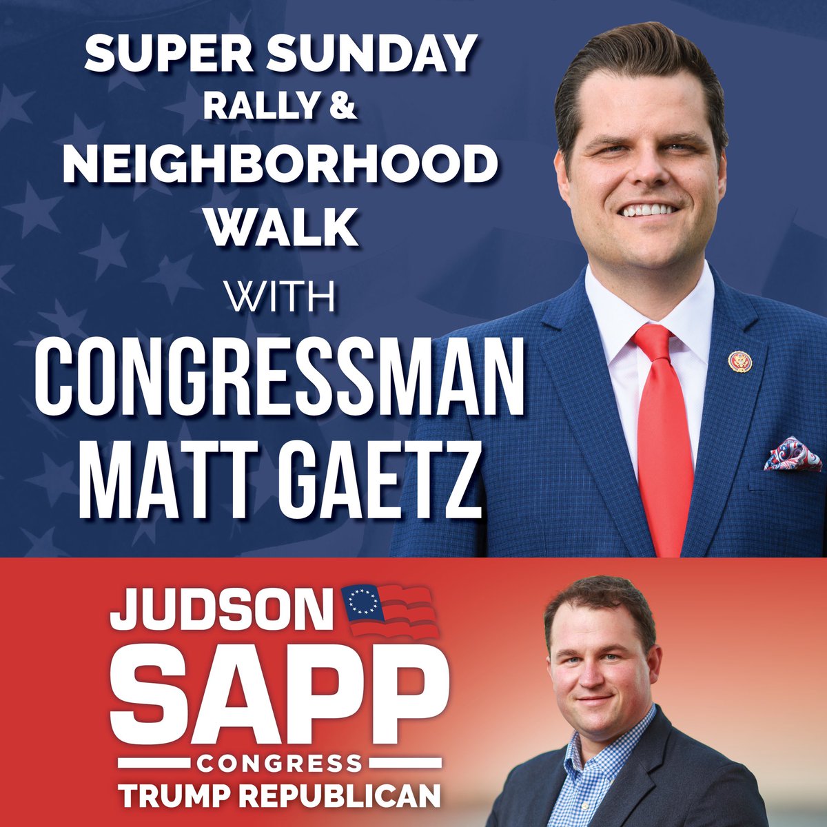 JudsonSapp's tweet photo. SUPER SUNDAY with @mattgaetz 
2pm (8/16/20)
Ronnie Van Zant Memorial Park in Lake Asbury
2760 Sandridge Road
Green Cove Springs, FL 32043

Join us to rally and walk door to door! #JoinJudson https://t.co/v97AACg9Bl